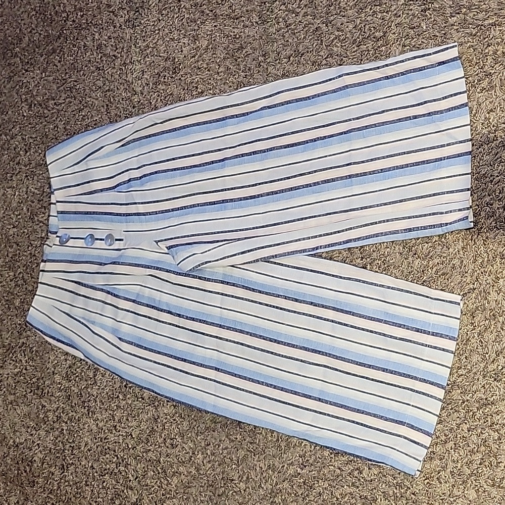 Coco Bianco Linen Blend Pants Striped Coastal Beachy Wide Leg Cropped Small